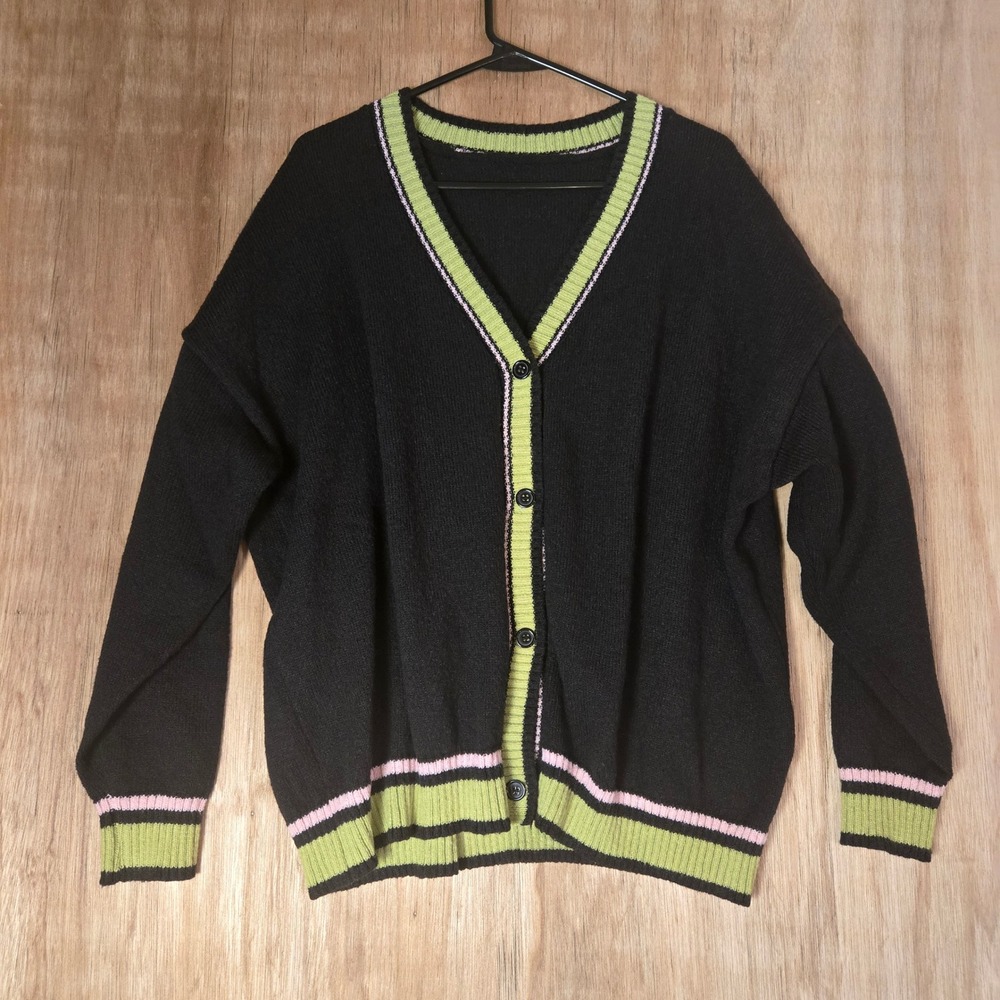 Whimsigoth Pastel Goth Preppy Striped V-Neck Cardigan Sweater Black Plus  1XL